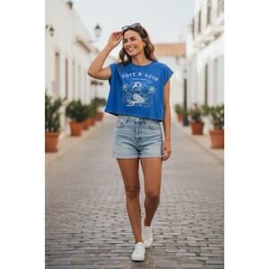 Anthropologie French Riviere Graphic Tee Tee Crop Cap Sleeves Large